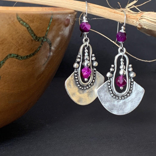 Bohemian Silver Dangle Earrings, Purple Gemstone, Ethnic, Tribal, Boho, Unique, Hypoallergenic