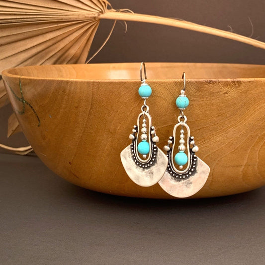 Bohemian Silver Dangle Earrings with Turquoise Gemstone, Hammered, Pendant, Unique, Ethnic, Boho, December Zodiac Sign Gift