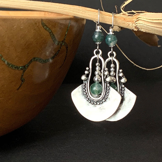 Silver Boho Earrings with Green Moss Agate, Unique, Tribal, Ethnic, Bohemian, Hypoallergenic