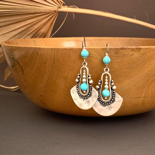 Earrings Oriental Persian Folk Style with Turquoise, Ethnic, Bohemian, Black Silver, Unique Hooks, Hypoallergenic