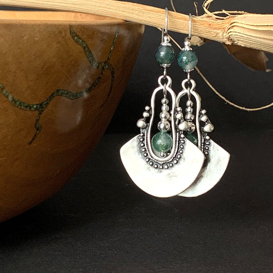 Bohemian Silver Chandelier Earrings with Moss Agate, Tribal, Ethnic, Boho, Unique, Long Hypoallergenic