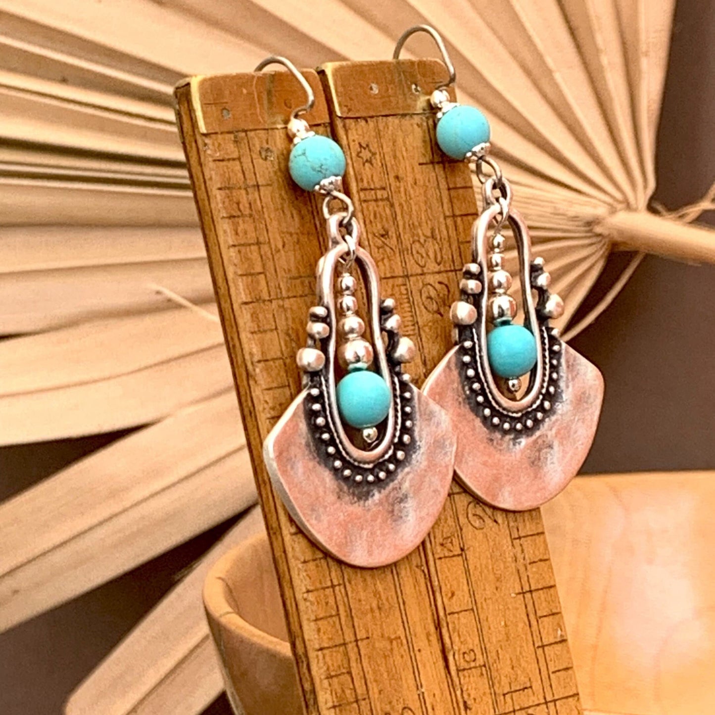 Bohemian Silver Dangle Earrings with Turquoise Gemstone, Hammered, Pendant, Unique, Ethnic, Boho, December Zodiac Sign Gift