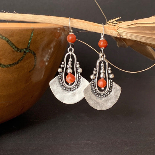 Bohemian Silver Earrings with Red Agate, Ethnic, Tribal, Boho, Unique, Hypoallergenic