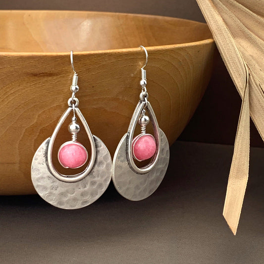 Boho Chic Earrings, Pink Crystal & 925 Sterling Silver Hooks, Large, Hoop, Bright Earrings