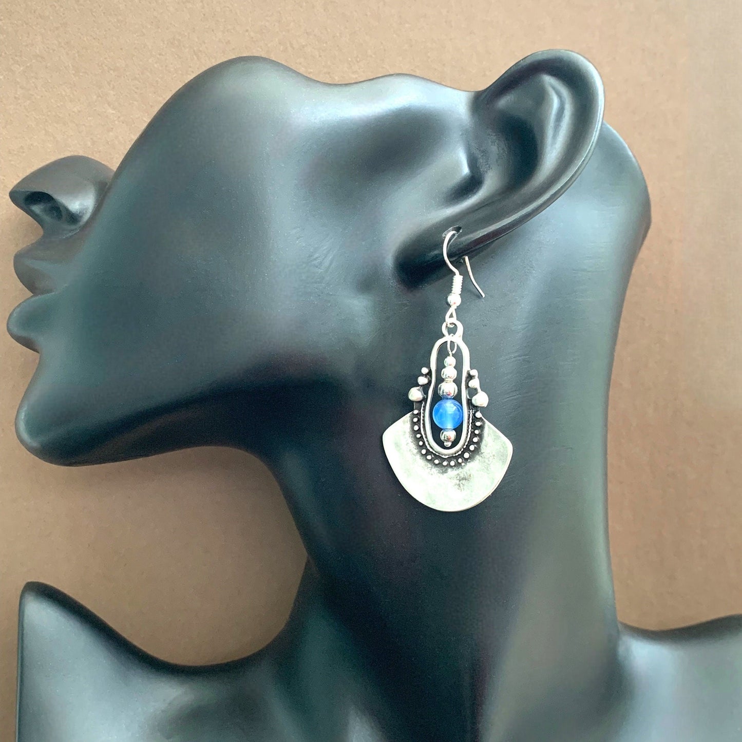 Bohemian Silver Chandelier Earrings with Blue Agate, Tribal, Ethnic, Boho, Unique, Long Hypoallergenic