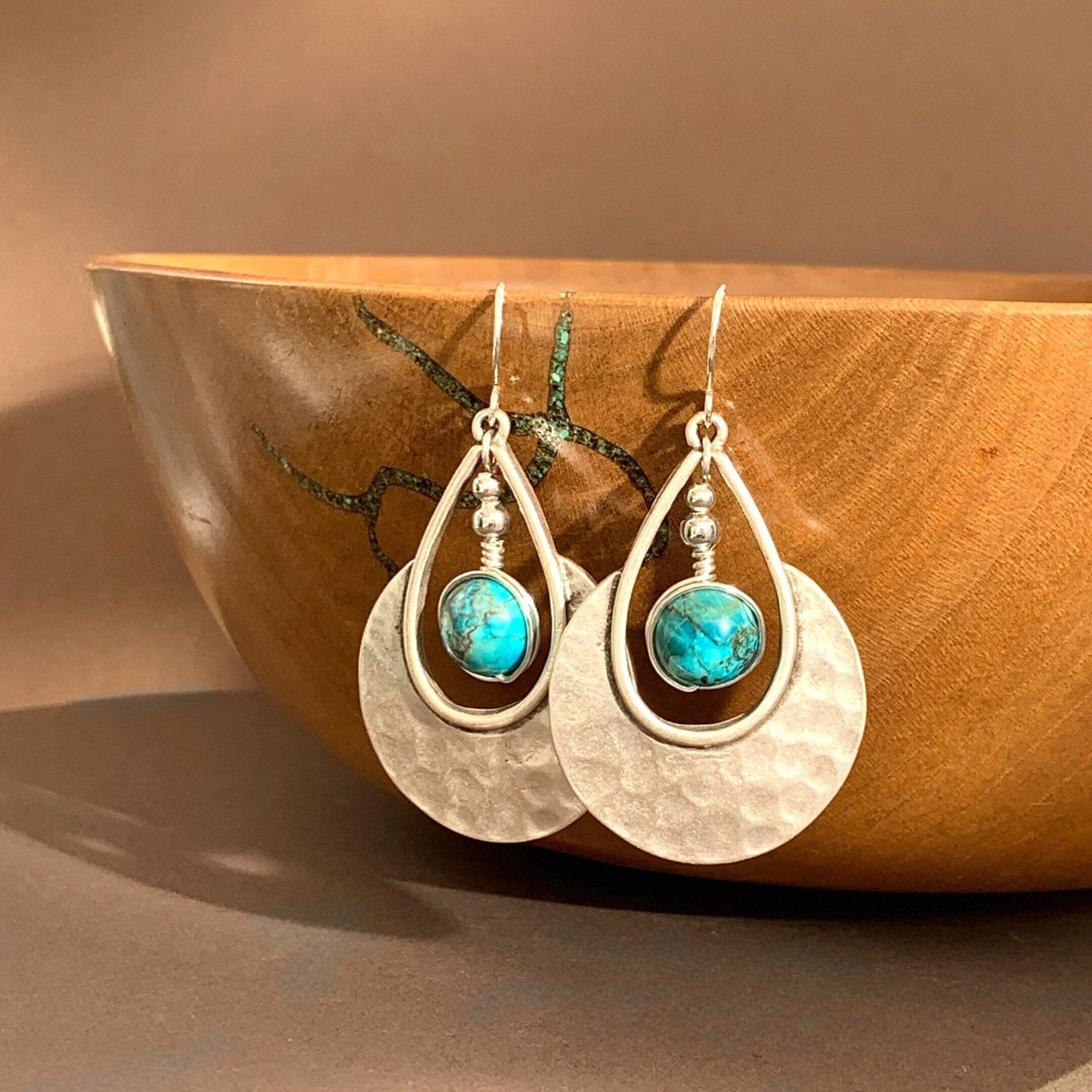 Bohemian Earrings Silver & Turquoise Dangle with Sterling Silver Hooks, Boho, Ethnic, Tribal, Gift for Her