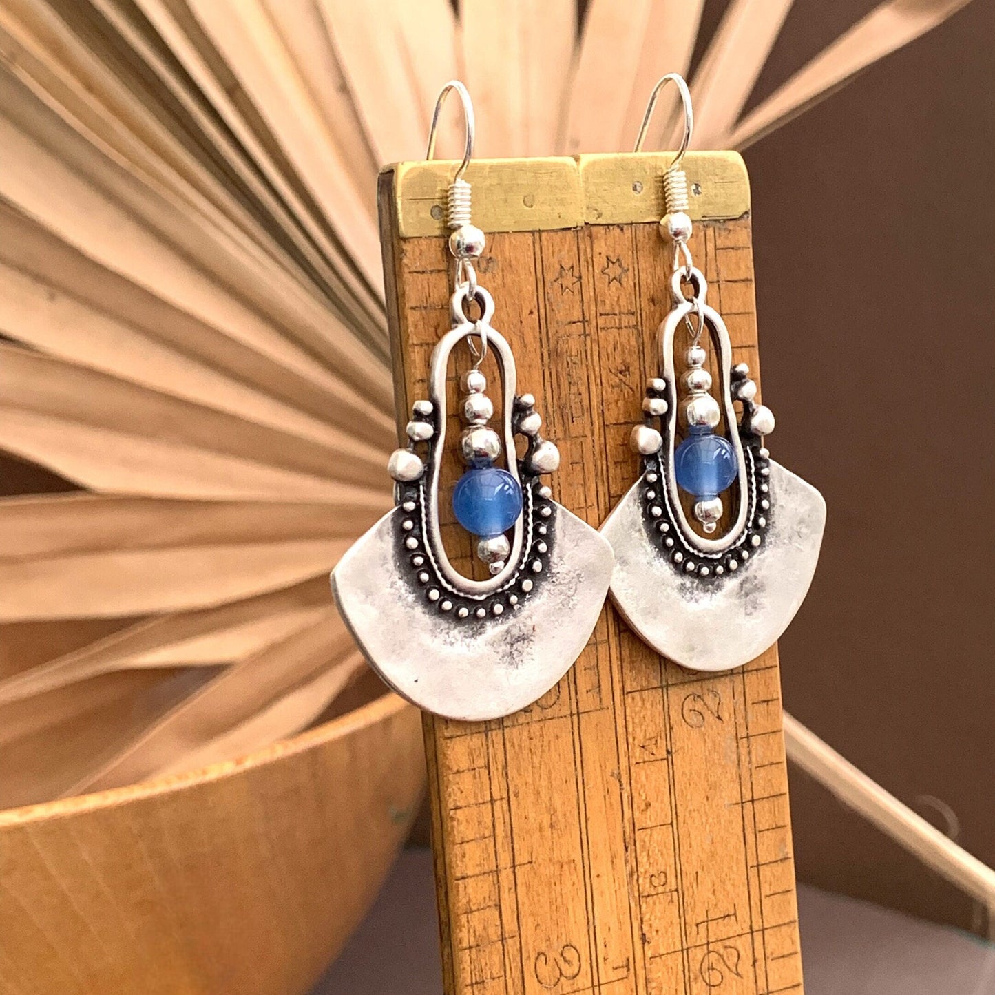 Bohemian Silver Chandelier Earrings with Blue Agate, Tribal, Ethnic, Boho, Unique, Long Hypoallergenic