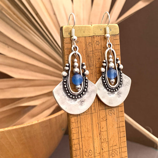 Bohemian Silver Chandelier Earrings with Blue Agate, Tribal, Ethnic, Boho, Unique, Long Hypoallergenic