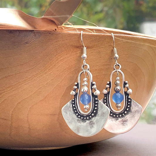 Bohemian Black Silver Earrings with Blue Agate Crystal, Dangle, Ethnic, Statement Earrings