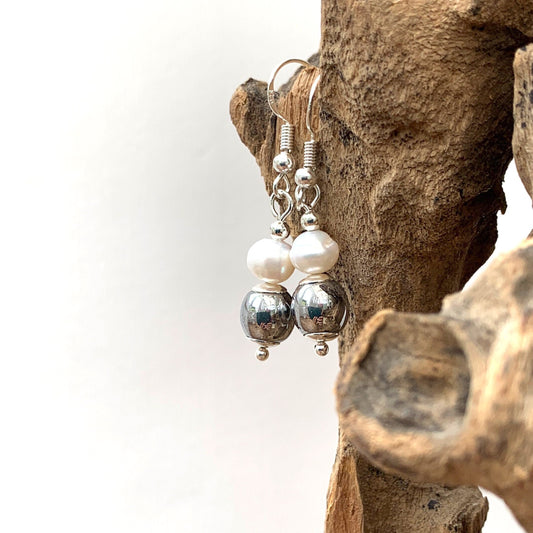 Bright silver hematite & pearl earrings, small, dainty, neat