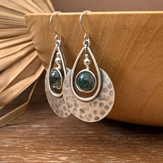 Bohemian earrings silver & moss agate, dangle, Sterling Silver hooks, boho, ethnic, tribal, gift for her