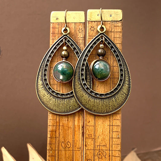 Gold bronze moss agate earrings, fall winter boho, ethnic, art nouveau, bohemian, ornate