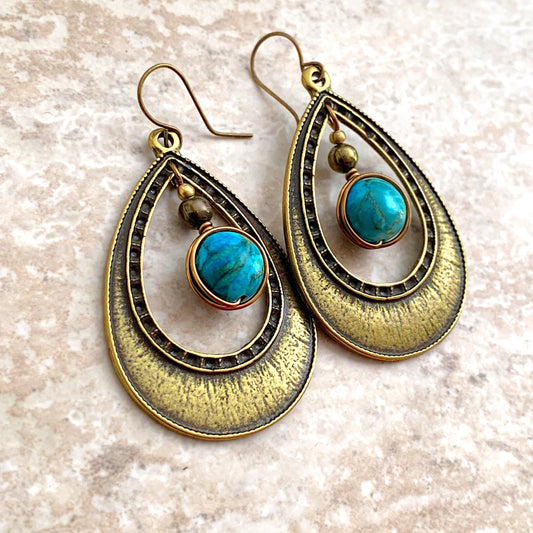 Bohemian african turquoise earrings, ethnic, blue & bronze, ornate, autumn winter