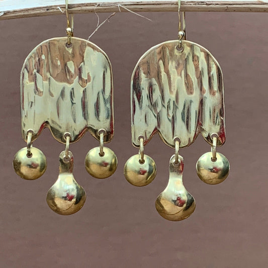 Hammered jingle bell earrings with 18K gold vermeil hooks, shiny, statement, bohemian, long